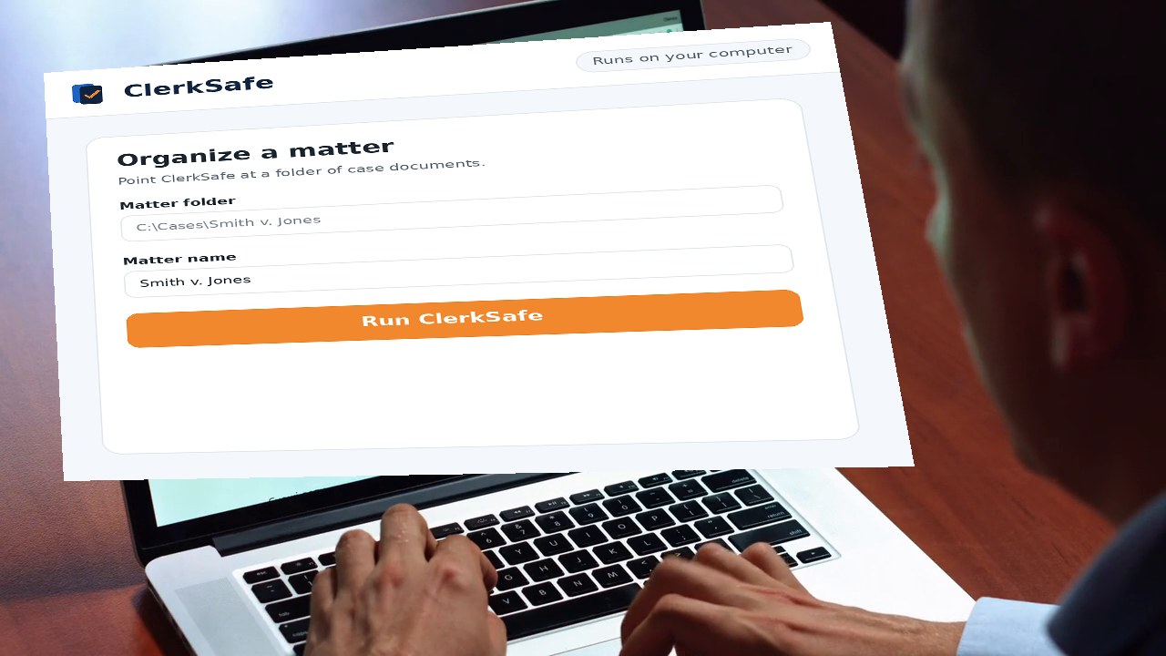 A solo attorney working at a laptop running ClerkSafe, with an organized matter on screen — document summaries, a chronology, and flagged deadlines — all processed on-device.